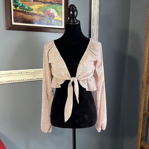 Princess Polly Pink Floral Tie Front Crop Top Size 6 Plunge Neckline BOHO - Picture 1 of 7